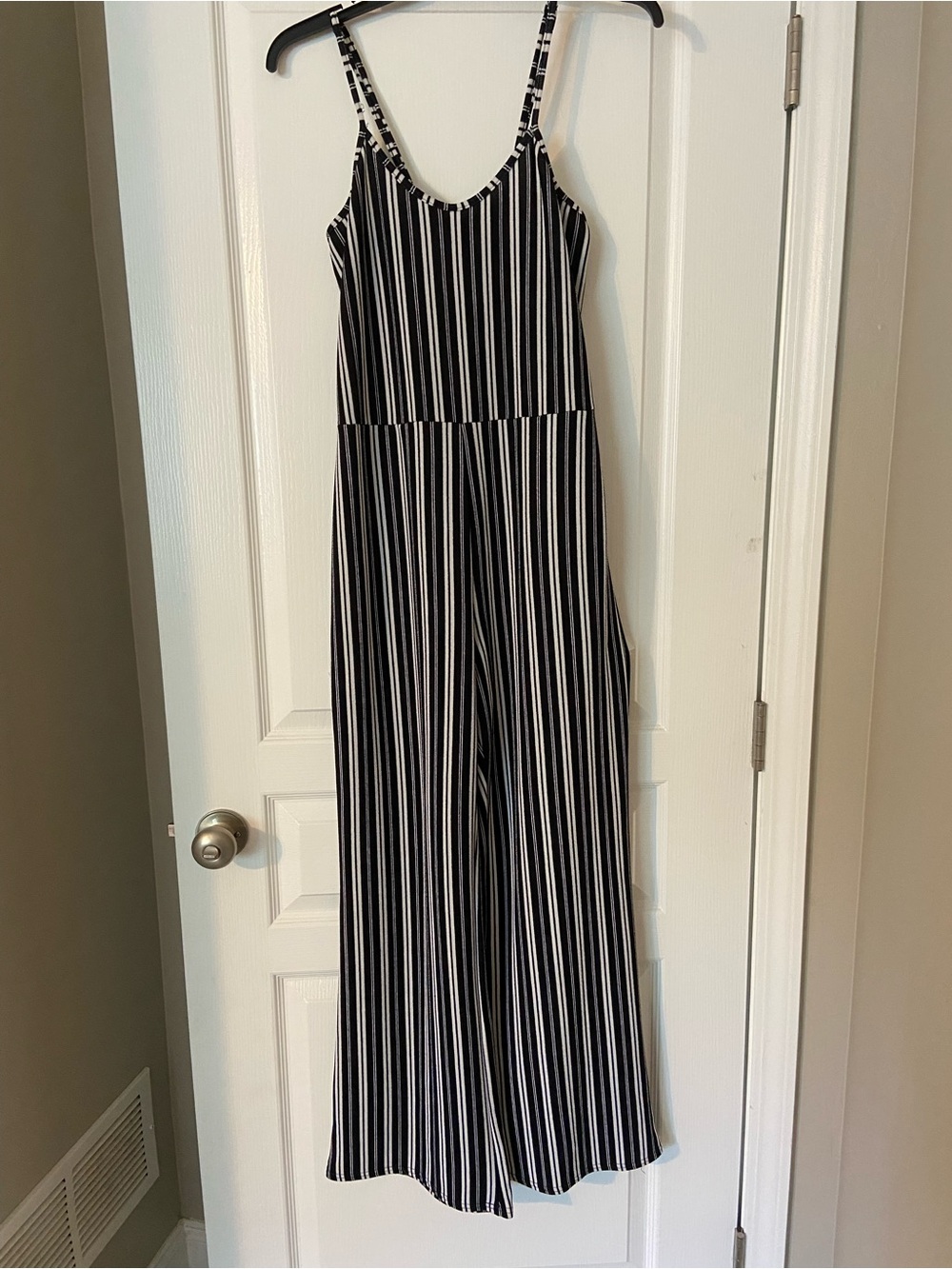 Rue21 Black & White Vertical Stripe Spaghetti-Strap Jumpsuit